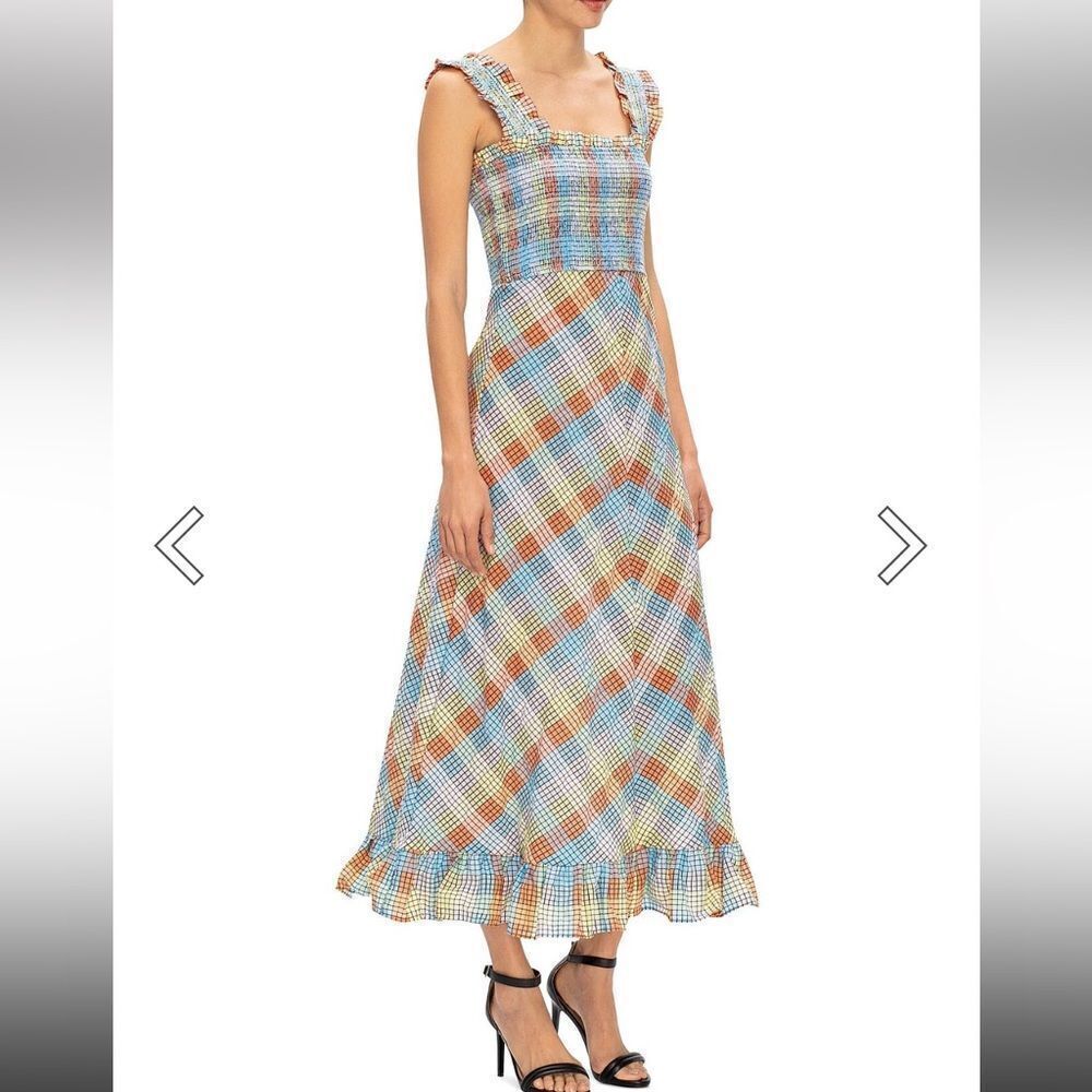 GANNI SEERSUCKER CHECK SLEEVELESS MIDI DRESS smocked cotton summer 42 L - Picture 6 of 14